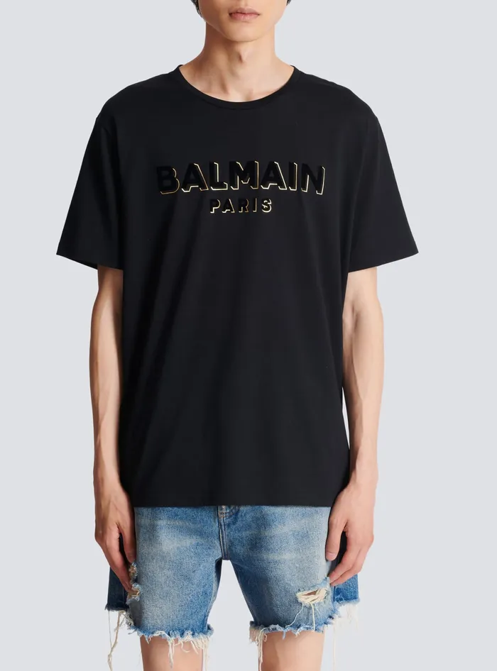 Balmain Metallic Flocked Tshirt Gold Men TShirts