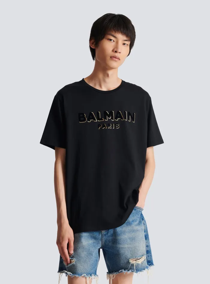 Balmain Metallic Flocked Tshirt Gold Men TShirts