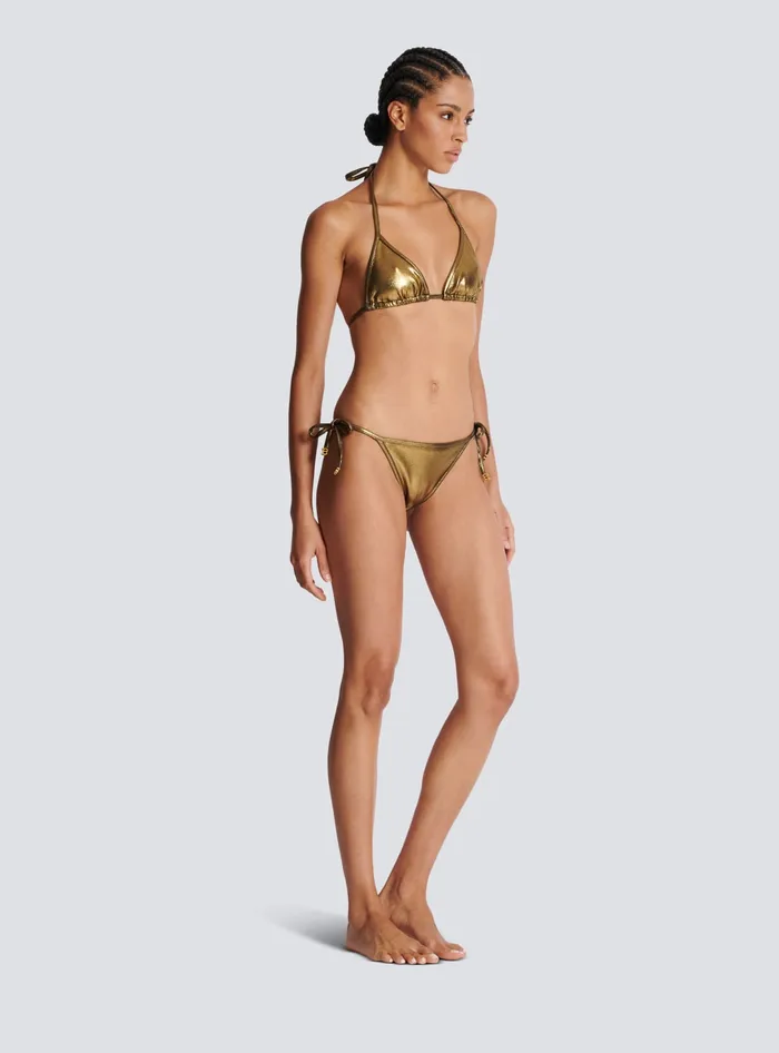 Balmain Metallic Triangle Bikini Gold Women Swimwear