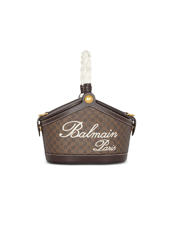 Balmain Monogram Canvas And Leather Bucket Bag Brown Women Handbags