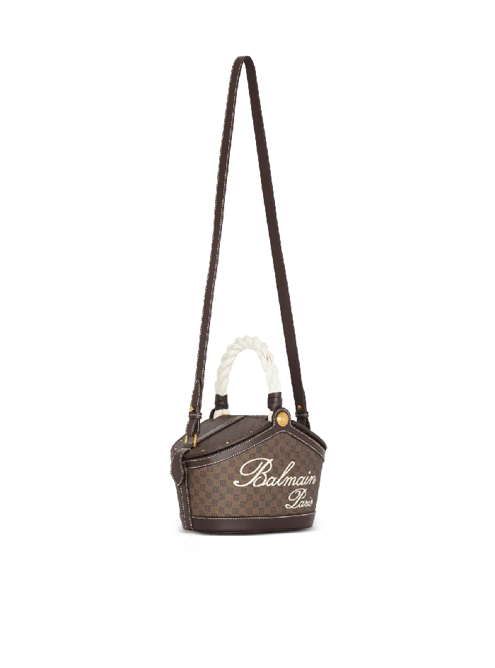 Balmain Monogram Canvas And Leather Bucket Bag Brown Women Handbags