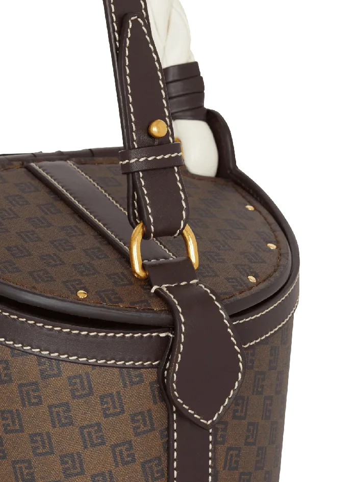 Balmain Monogram Canvas And Leather Bucket Bag Brown Women Handbags