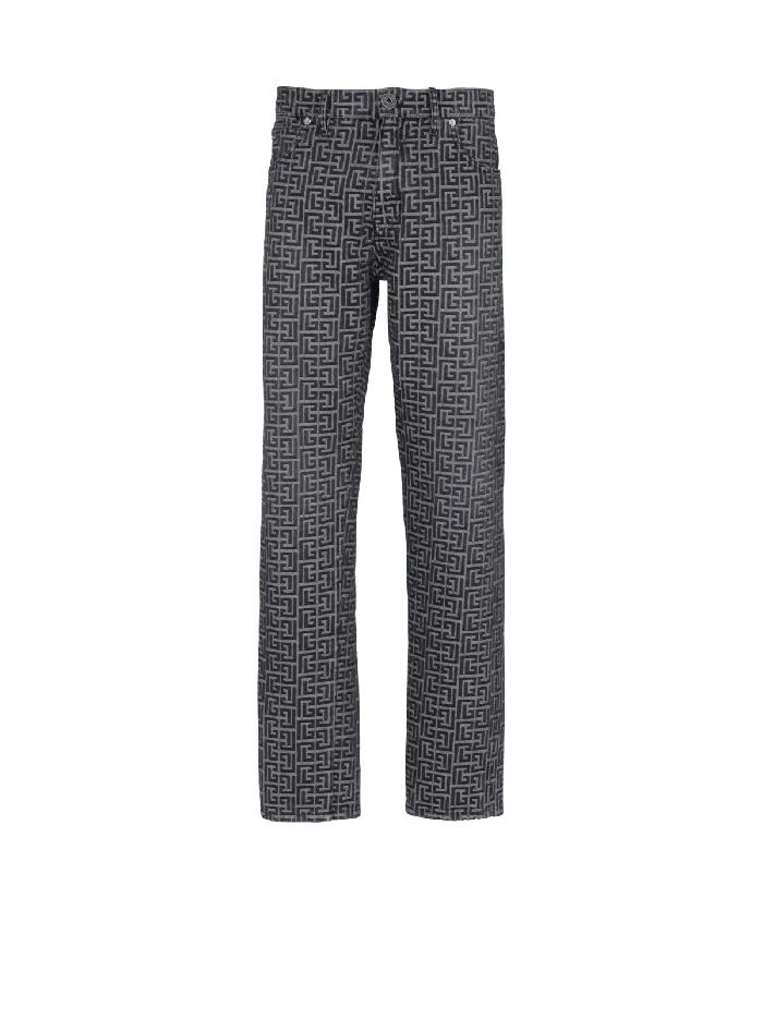 Balmain Monogrammed Jacquard Denim Jeans Black Men Denim