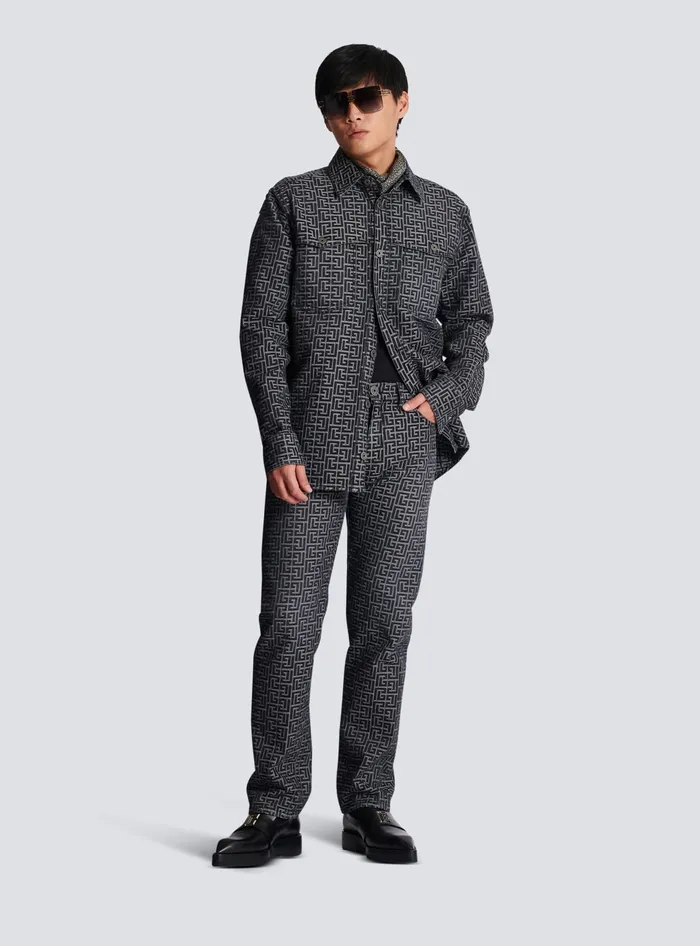 Balmain Monogrammed Jacquard Denim Jeans Black Men Denim
