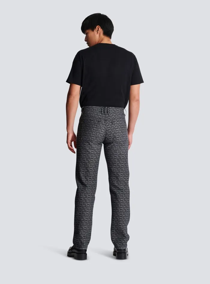 Balmain Monogrammed Jacquard Denim Jeans Black Men Denim