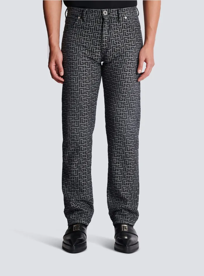 Balmain Monogrammed Jacquard Denim Jeans Black Men Denim