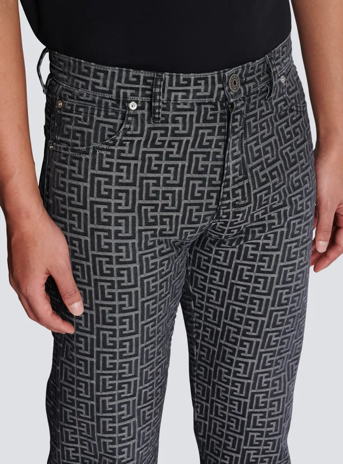 Balmain Monogrammed Jacquard Denim Jeans Black Men Denim