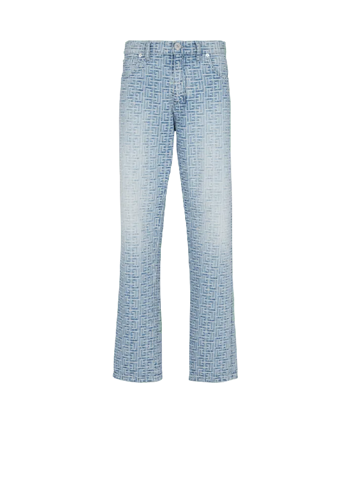 Balmain Monogrammed Jacquard Denim Jeans Blue Men Denim