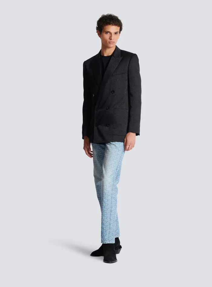 Balmain Monogrammed Jacquard Denim Jeans Blue Men Denim