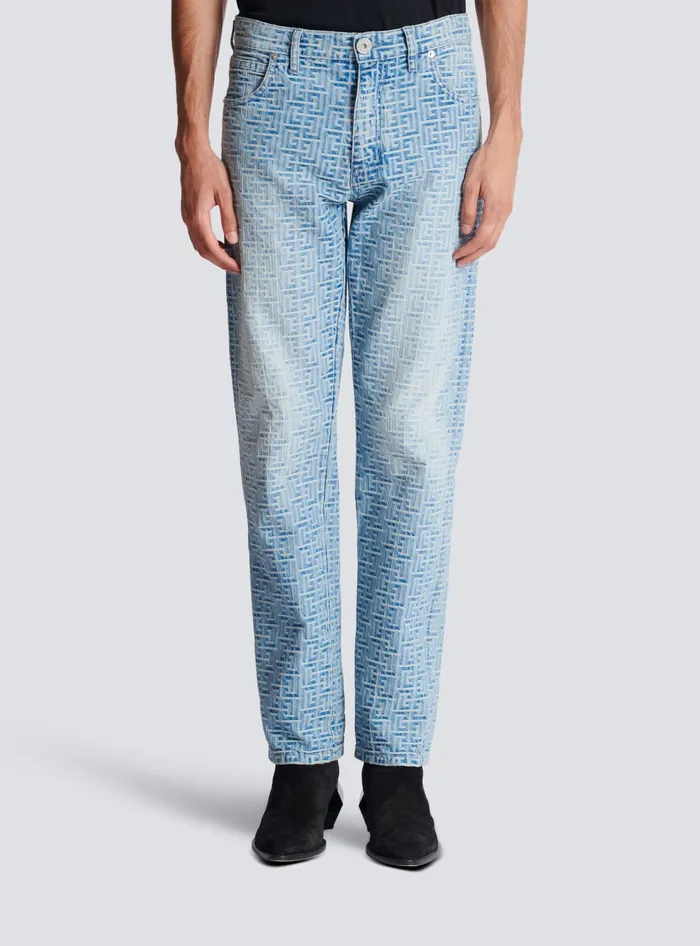 Balmain Monogrammed Jacquard Denim Jeans Blue Men Denim