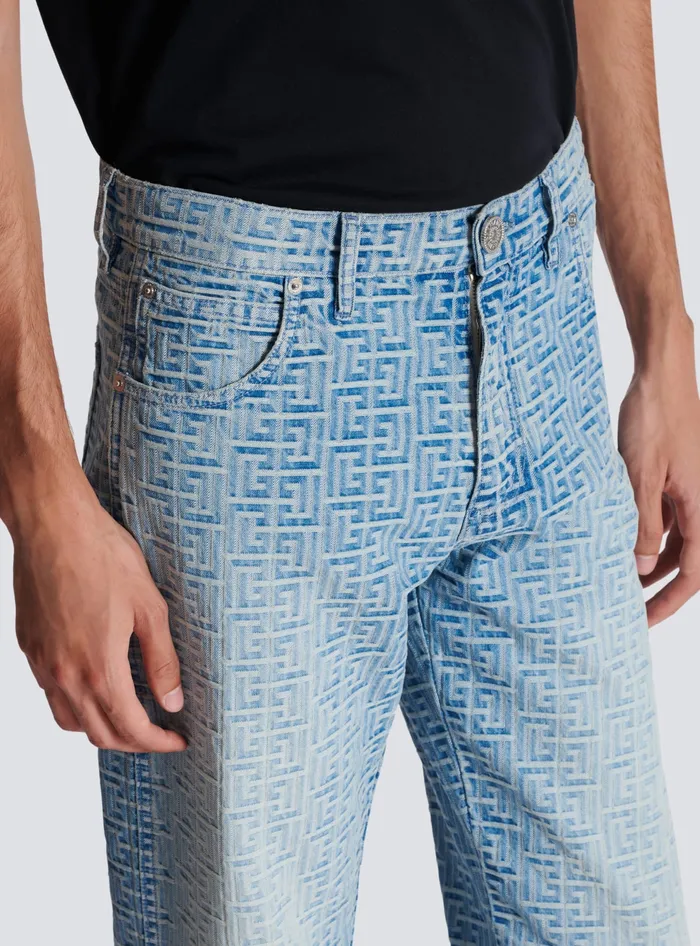 Balmain Monogrammed Jacquard Denim Jeans Blue Men Denim