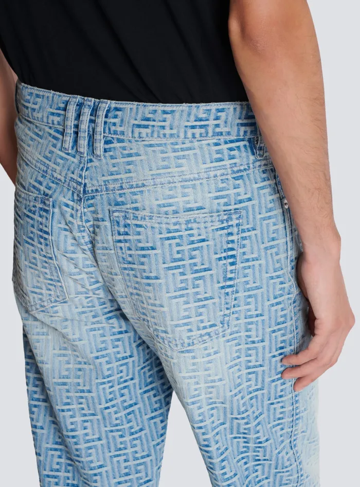 Balmain Monogrammed Jacquard Denim Jeans Blue Men Denim