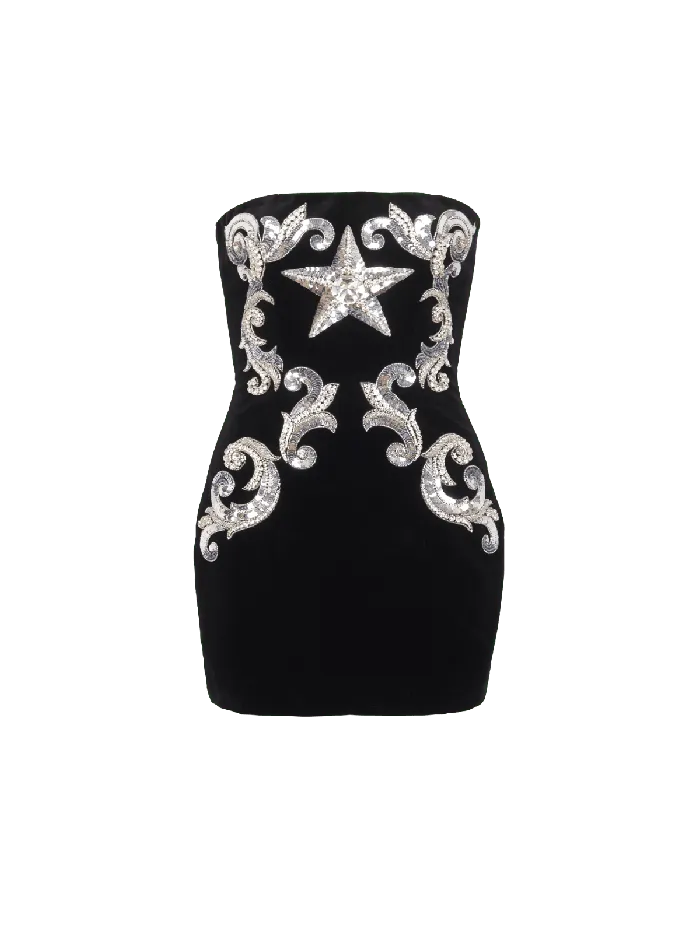 Balmain Paisley Embroidered Strapless Dress Black Women Dresses