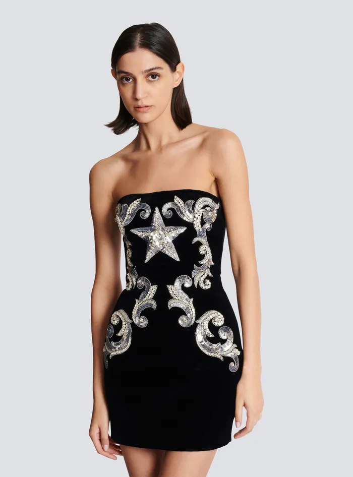 Balmain Paisley Embroidered Strapless Dress Black Women Dresses