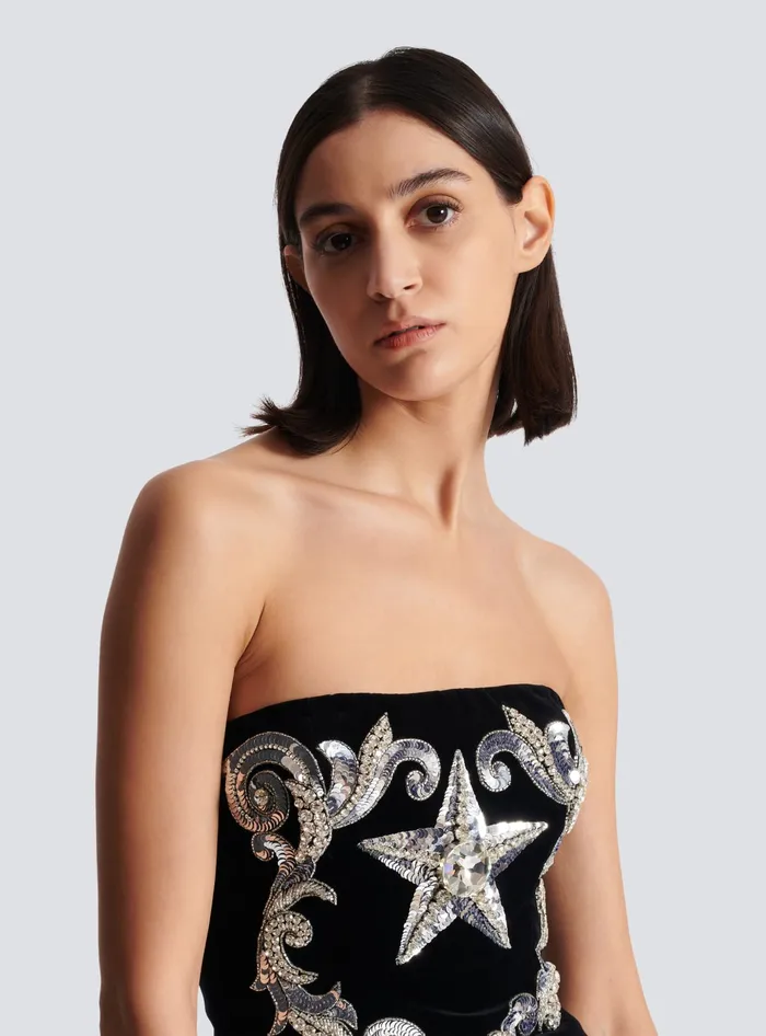 Balmain Paisley Embroidered Strapless Dress Black Women Dresses