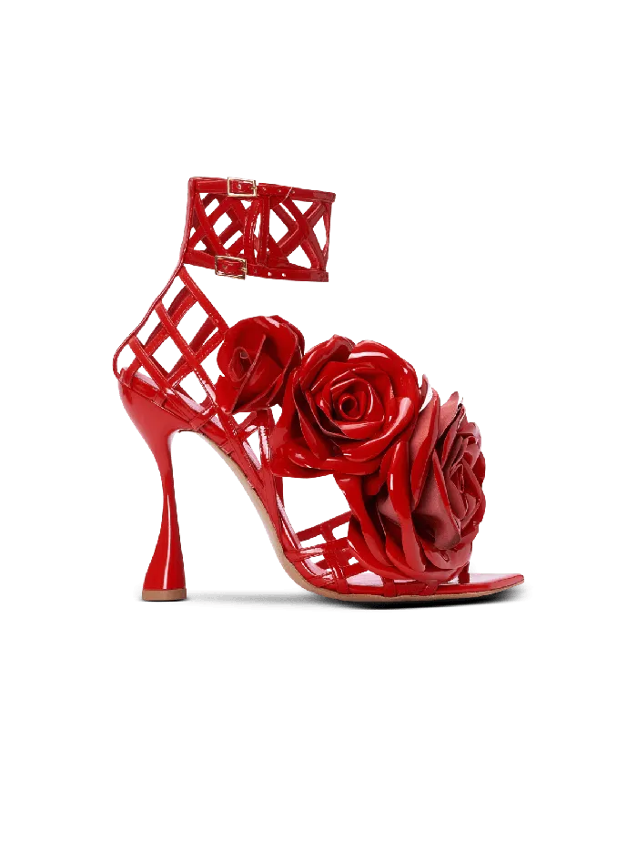 Balmain Patent Leather Eden Sandals With Flowers Red Women High Heels and Pumps