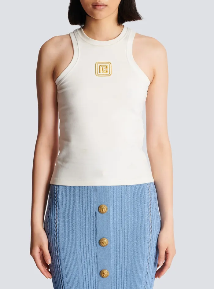 Balmain PB Embroidered Tank Top White Women TShirts