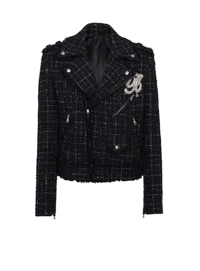 Balmain PB Signature Tweed Biker Jacket Black Men Outerwear
