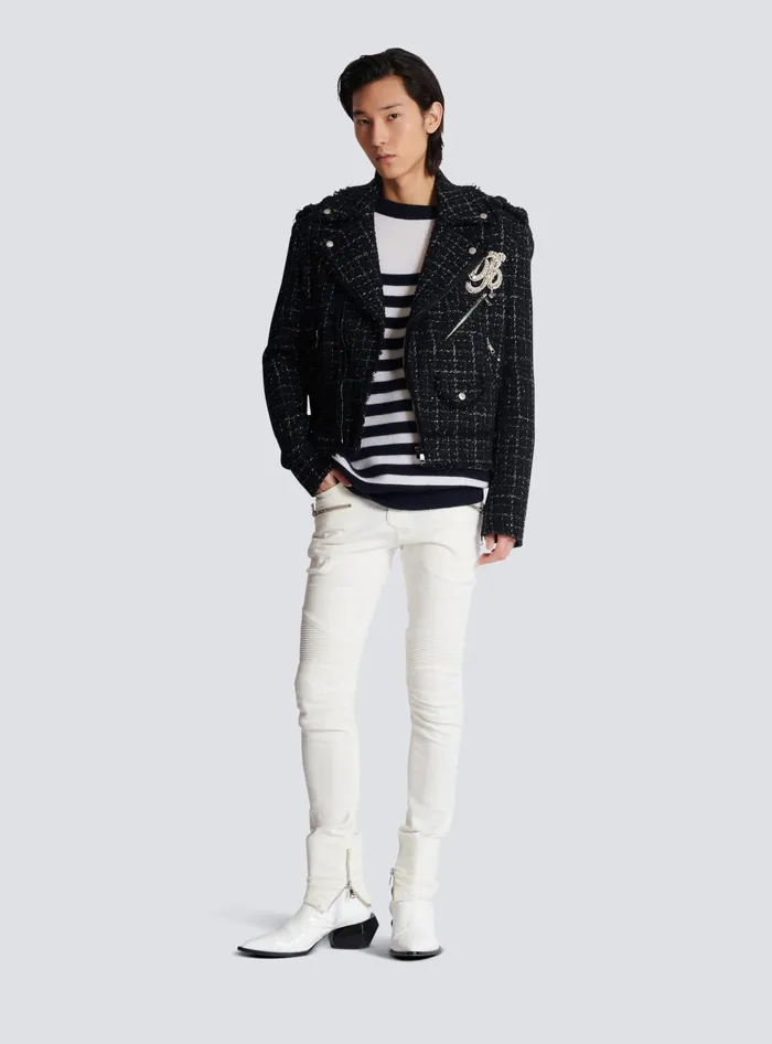Balmain PB Signature Tweed Biker Jacket Black Men Outerwear
