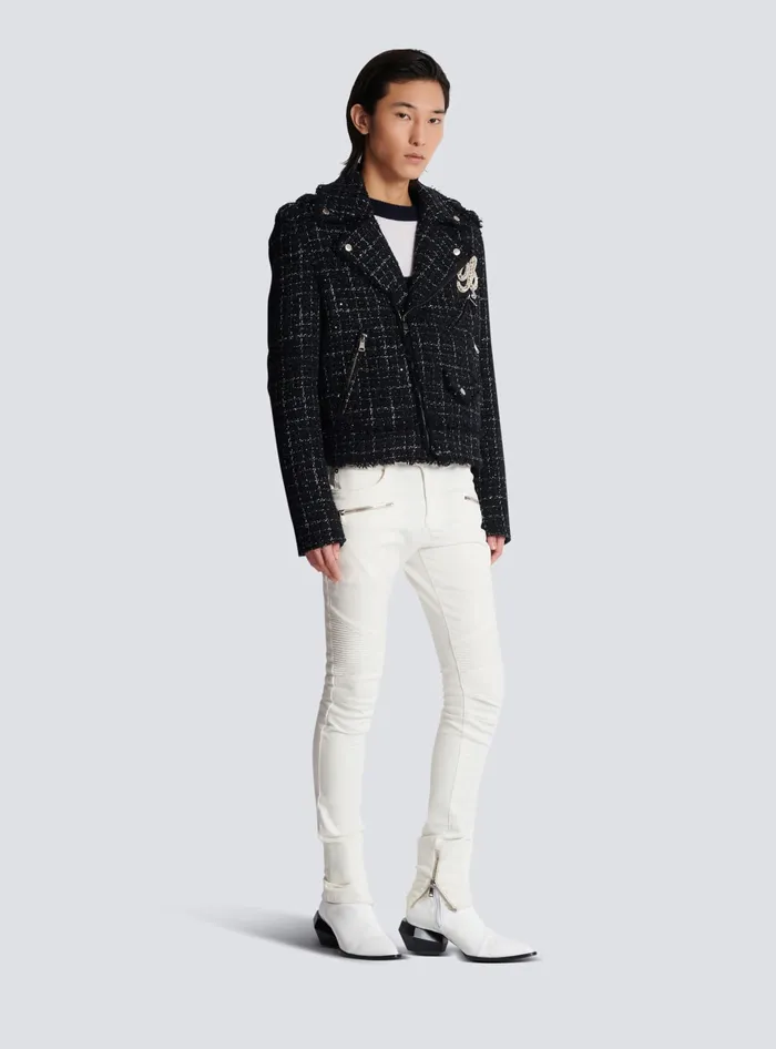 Balmain PB Signature Tweed Biker Jacket Black Men Outerwear