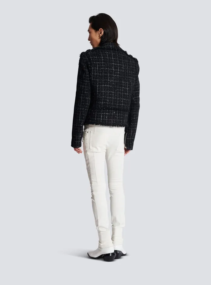 Balmain PB Signature Tweed Biker Jacket Black Men Outerwear