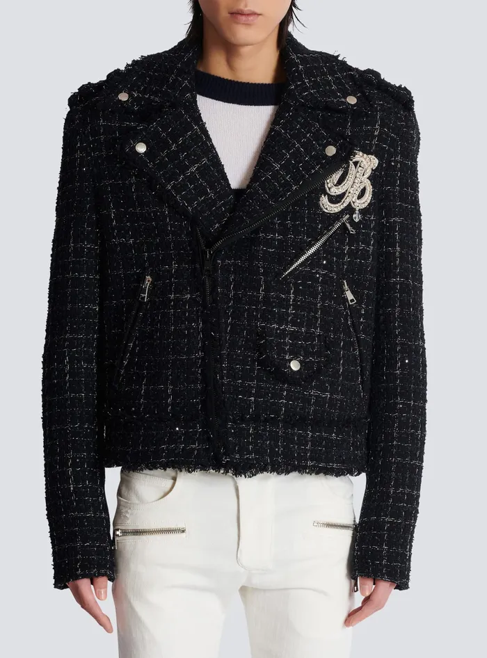 Balmain PB Signature Tweed Biker Jacket Black Men Outerwear