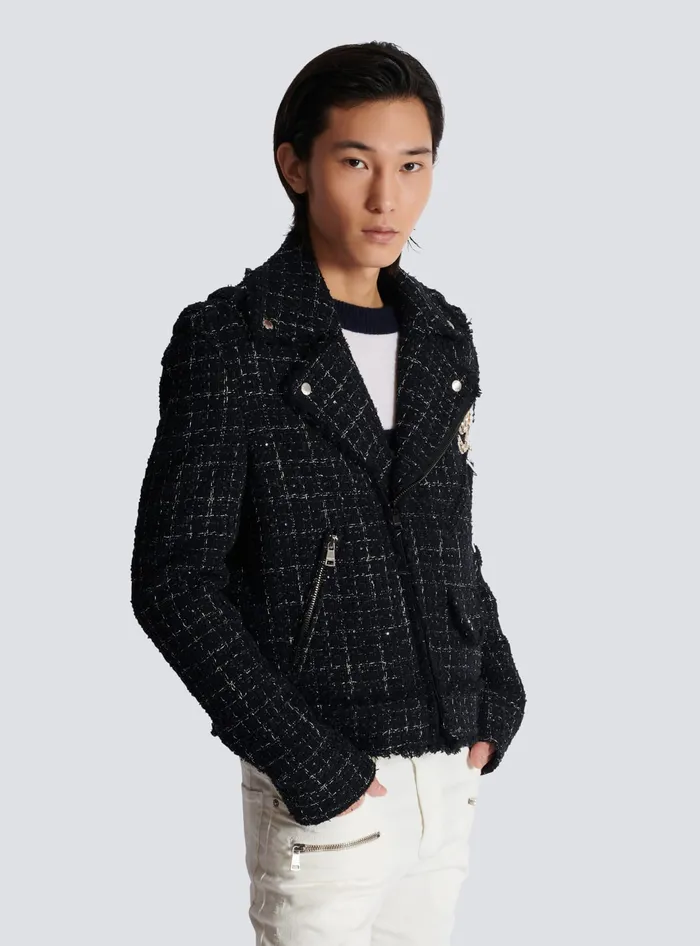 Balmain PB Signature Tweed Biker Jacket Black Men Outerwear