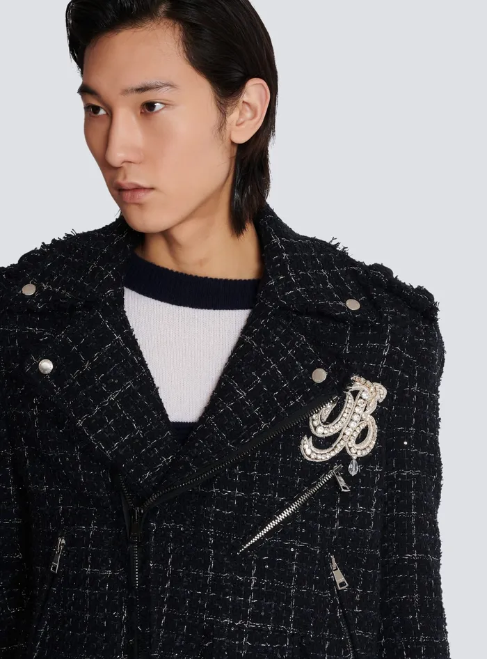 Balmain PB Signature Tweed Biker Jacket Black Men Outerwear