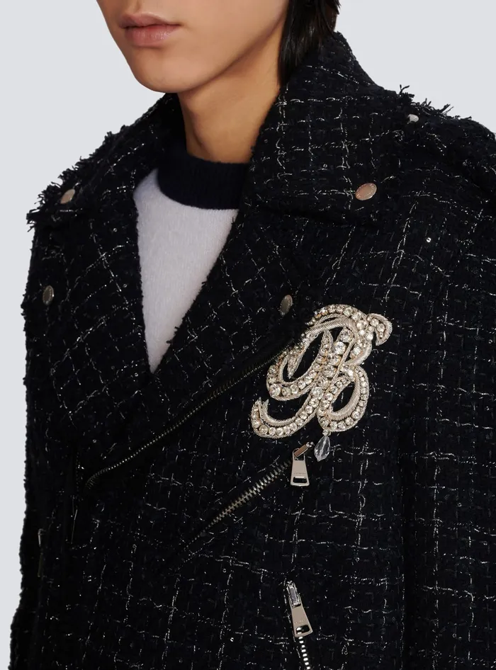 Balmain PB Signature Tweed Biker Jacket Black Men Outerwear