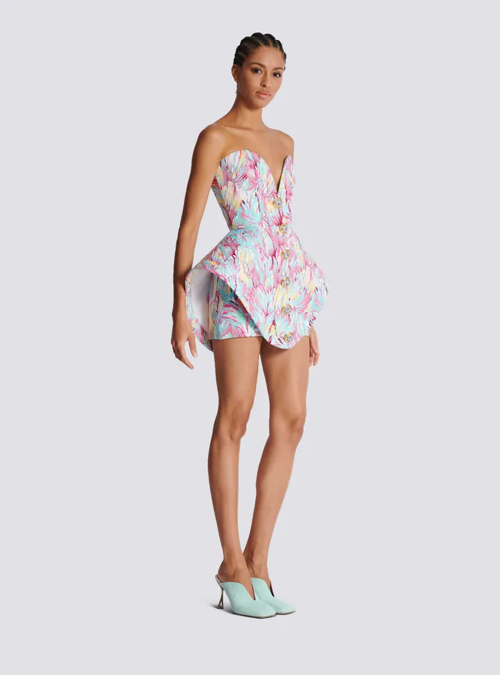 Balmain Peplum Bustier Dress With Feather Print Multicolor Women Dresses