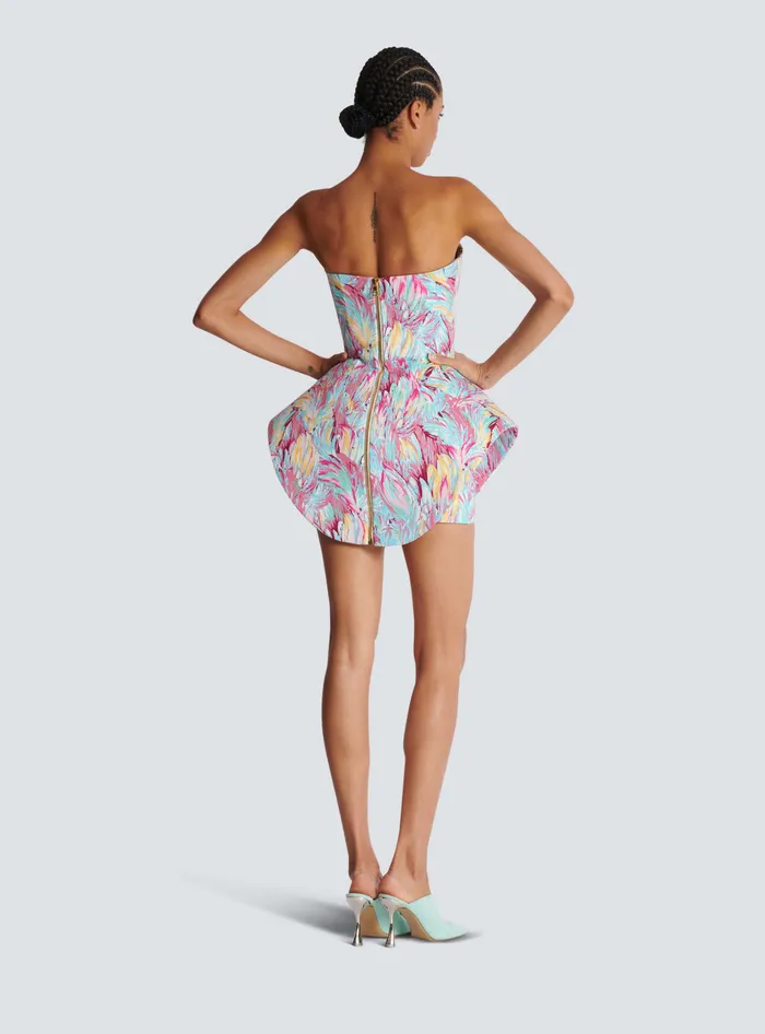 Balmain Peplum Bustier Dress With Feather Print Multicolor Women Dresses