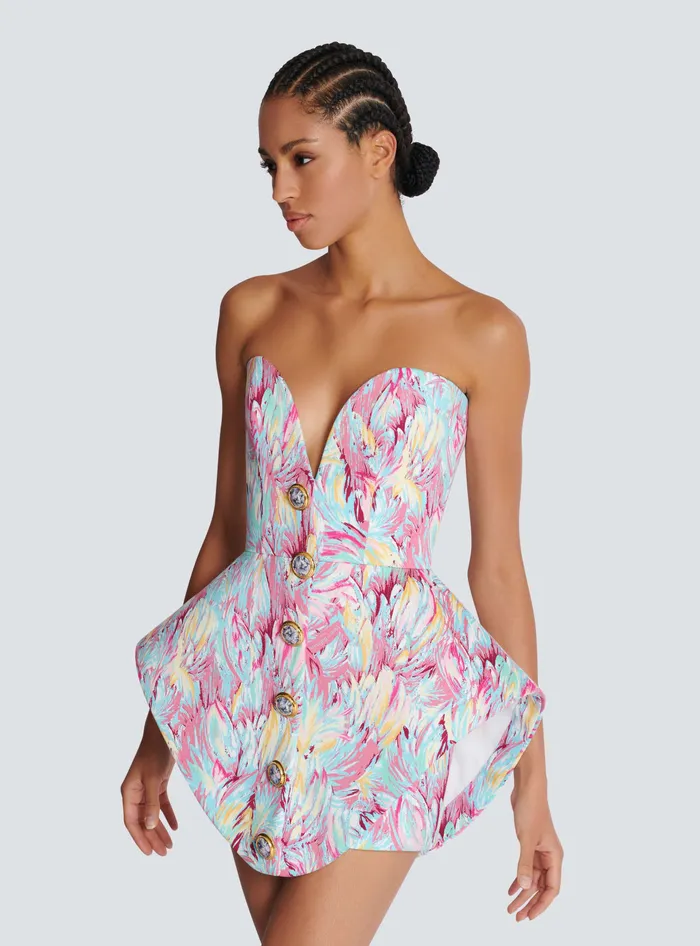 Balmain Peplum Bustier Dress With Feather Print Multicolor Women Dresses