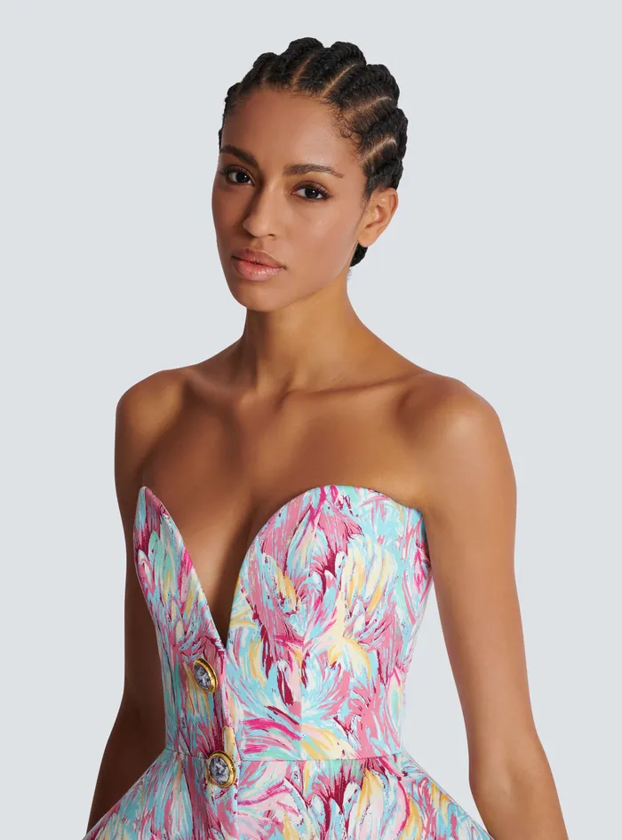 Balmain Peplum Bustier Dress With Feather Print Multicolor Women Dresses