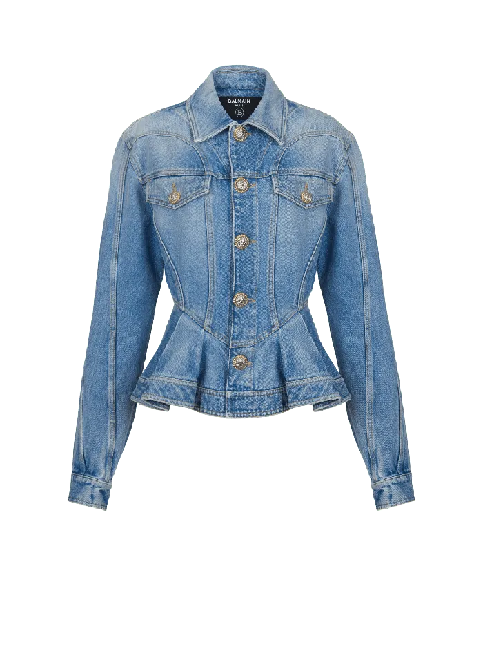 Balmain Pleated Denim Jacket Blue Women Jackets And Blazers