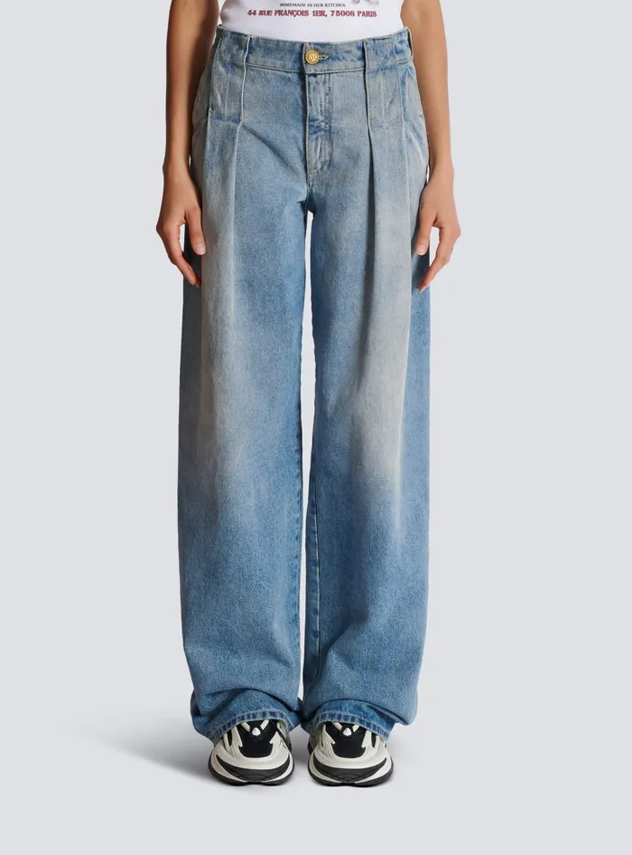 Balmain Pleated Denim Jeans Blue Women Denim