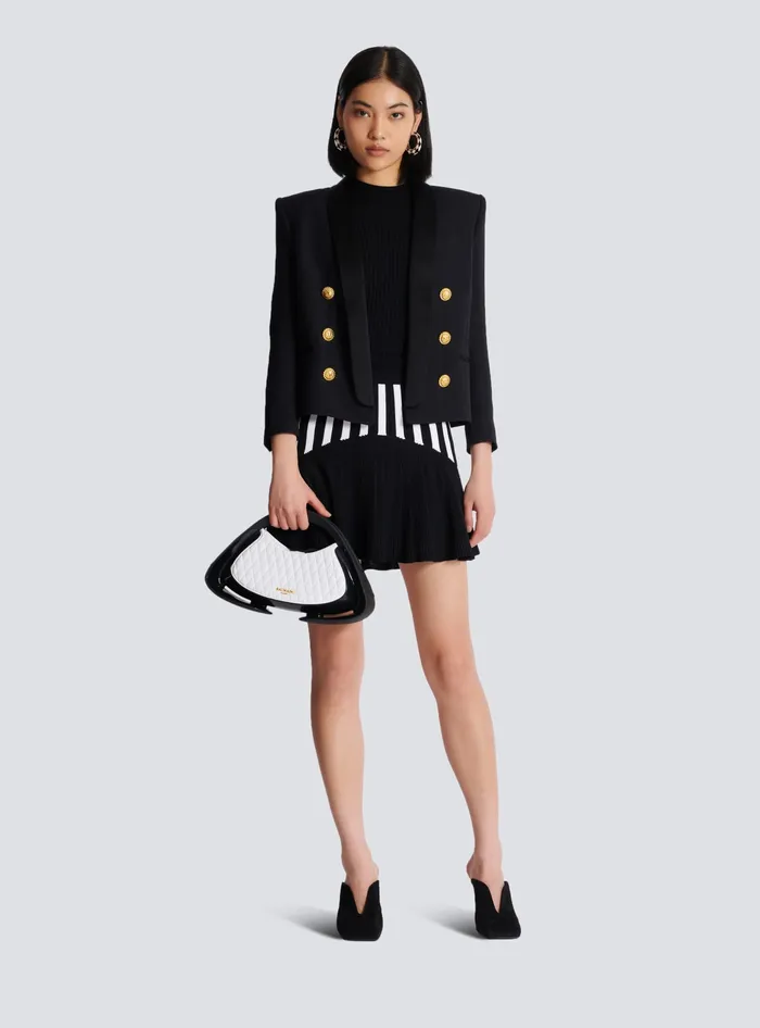 Balmain Pleated Striped Knit Skirt Black Women Skirts