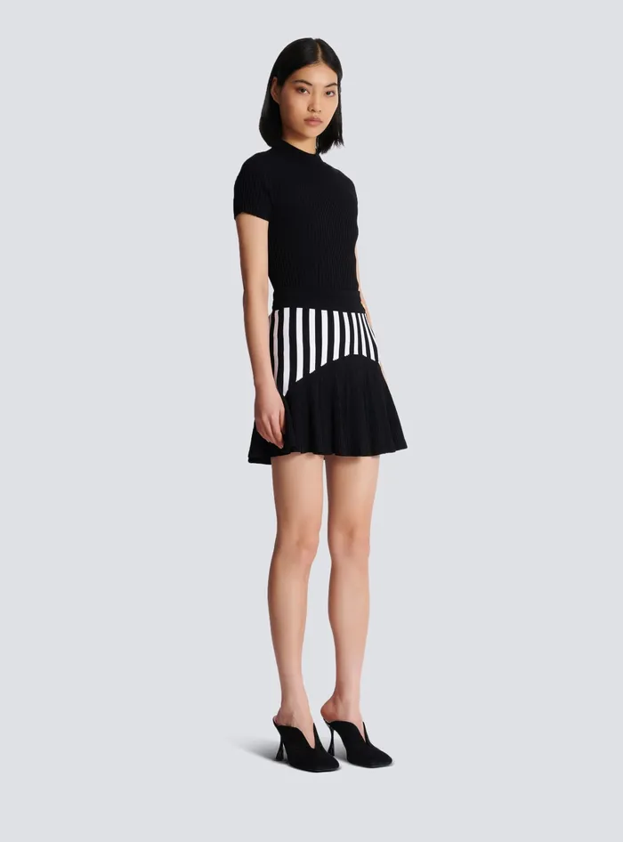 Balmain Pleated Striped Knit Skirt Black Women Skirts