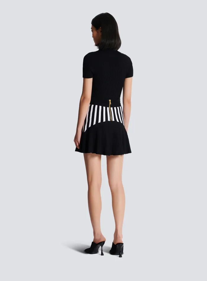 Balmain Pleated Striped Knit Skirt Black Women Skirts