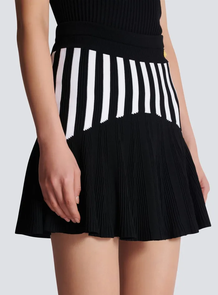 Balmain Pleated Striped Knit Skirt Black Women Skirts