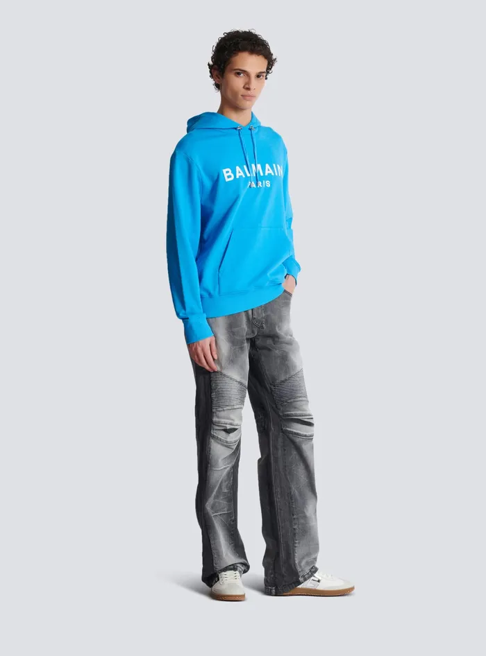 Balmain Printed Paris Hoodie Blue Men Sweatshirts