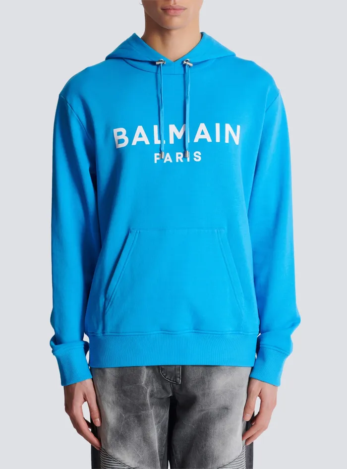 Balmain Printed Paris Hoodie Blue Men Sweatshirts