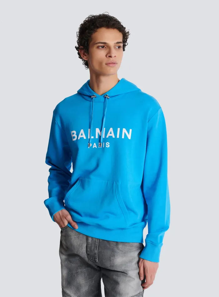 Balmain Printed Paris Hoodie Blue Men Sweatshirts