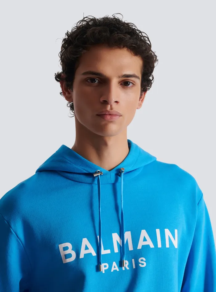 Balmain Printed Paris Hoodie Blue Men Sweatshirts