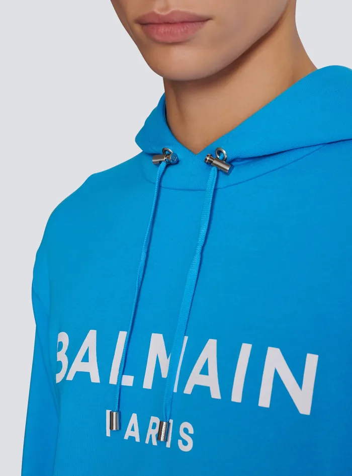 Balmain Printed Paris Hoodie Blue Men Sweatshirts