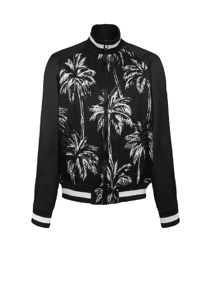 Balmain Printed Satin Palm Tree Bomber Jacket Black Men Outerwear