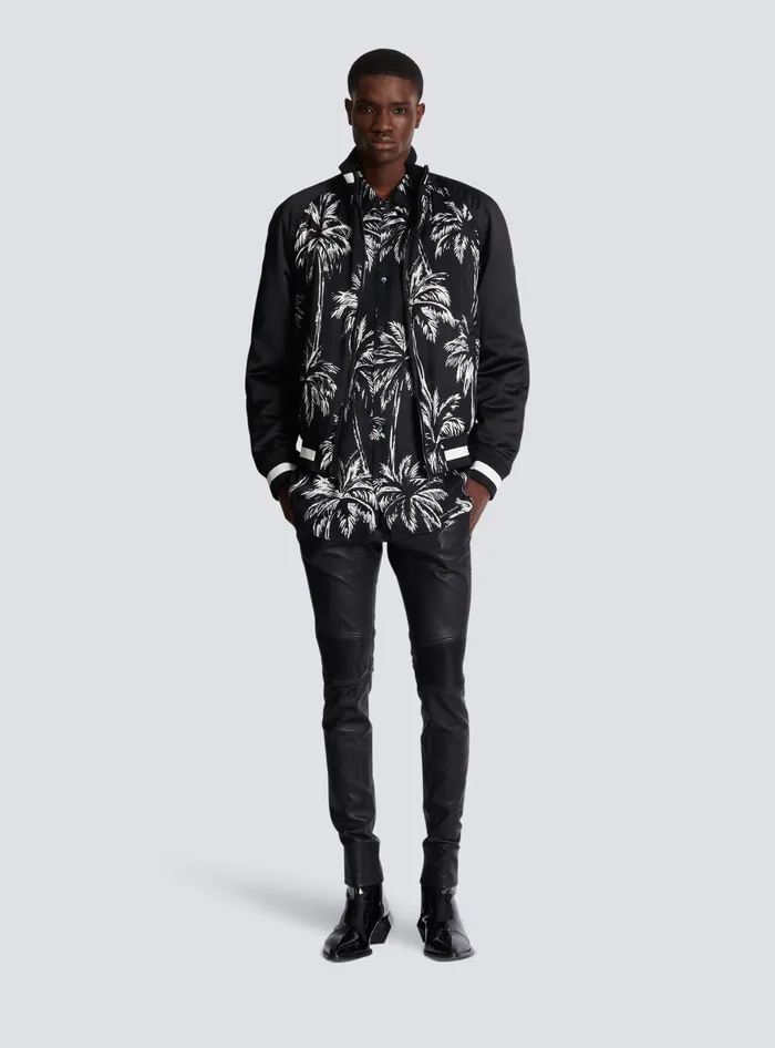 Balmain Printed Satin Palm Tree Bomber Jacket Black Men Outerwear