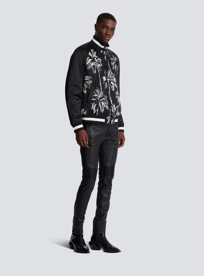 Balmain Printed Satin Palm Tree Bomber Jacket Black Men Outerwear