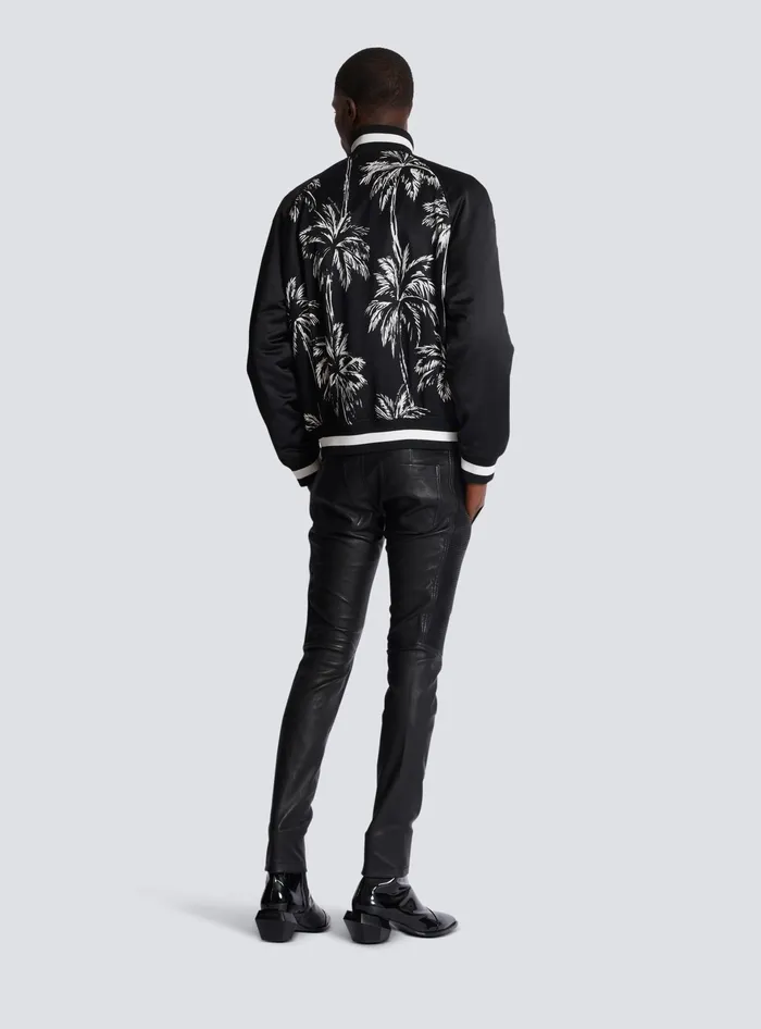 Balmain Printed Satin Palm Tree Bomber Jacket Black Men Outerwear