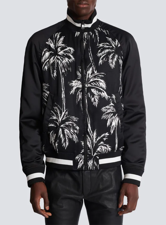 Balmain Printed Satin Palm Tree Bomber Jacket Black Men Outerwear