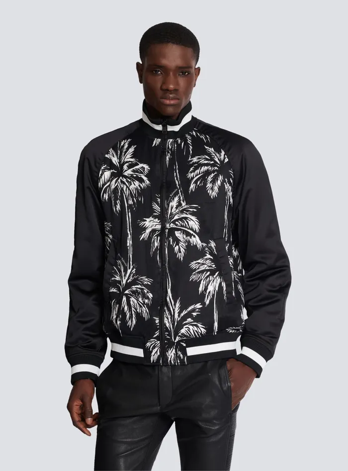 Balmain Printed Satin Palm Tree Bomber Jacket Black Men Outerwear